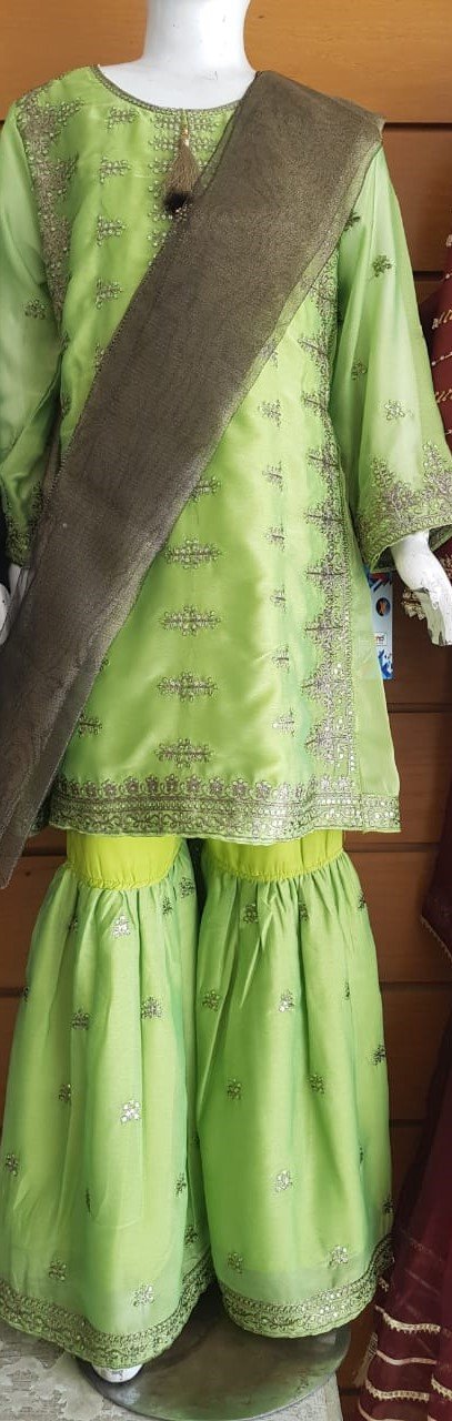 Parrot Green Embroidered Gharara Dress